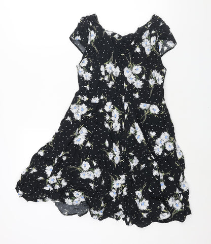 Wallis Womens Black Floral Viscose A-Line Size 12 Round Neck Zip