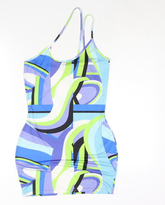 PRETTYLITTLETHING Womens Multicoloured Geometric Polyester Bodycon Size 10 One Shoulder Pullover