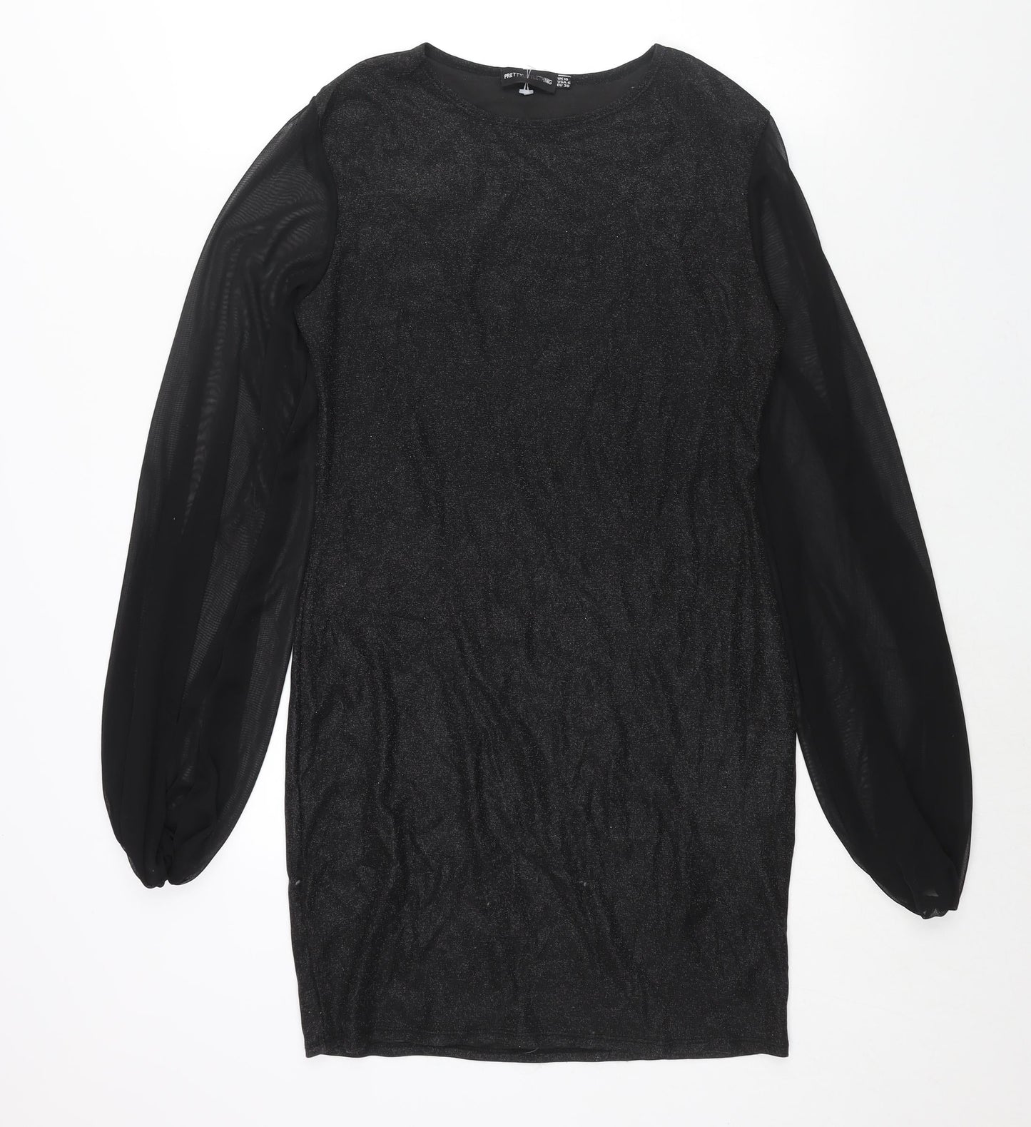 PRETTYLITTLETHING Womens Black Polyester Bodycon Size 10 Round Neck Pullover - Mesh Sleeve