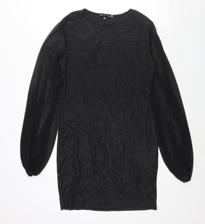 PRETTYLITTLETHING Womens Black Polyester Bodycon Size 10 Round Neck Pullover - Mesh Sleeve