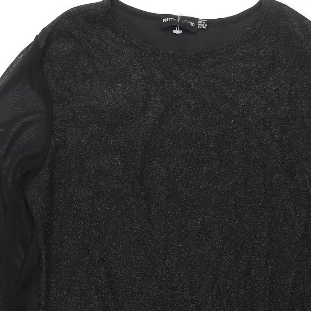 PRETTYLITTLETHING Womens Black Polyester Bodycon Size 10 Round Neck Pullover - Mesh Sleeve