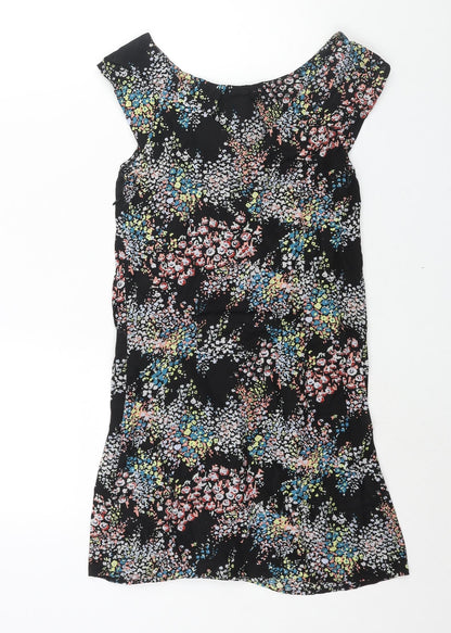 Warehouse Womens Black Floral Cotton Mini Size 6 Boat Neck Zip