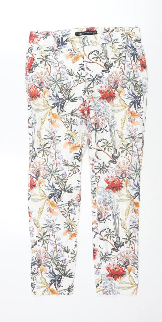 Zara Womens Multicoloured Floral Cotton Trousers Size XS L26 in Regular Zip