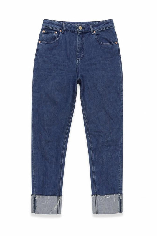 Front view of ASOS women’s blue cotton blend straight jeans, size UK 30, in, 28-inch leg regular zip