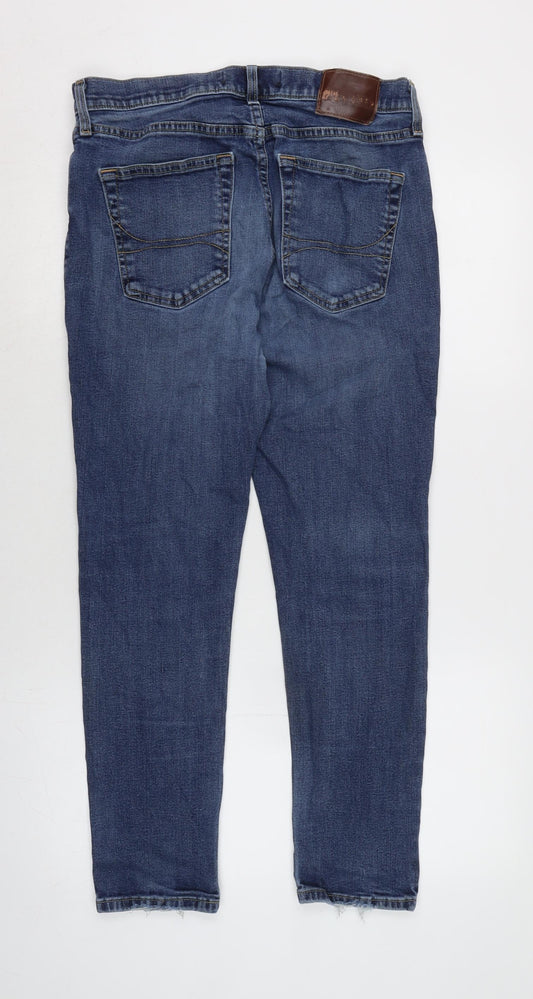 Hollister Mens Blue Cotton Blend Tapered Jeans Size 32 in L30 in Regular Zip - Distressed hem.