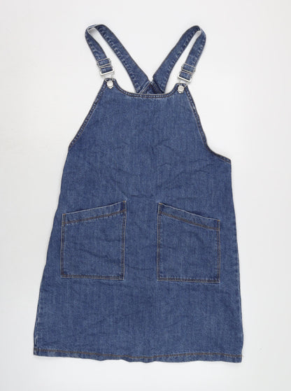 TU Womens Blue Cotton Pinafore/Dungaree Dress Size 10 Square Neck Pullover - Adjustable Straps