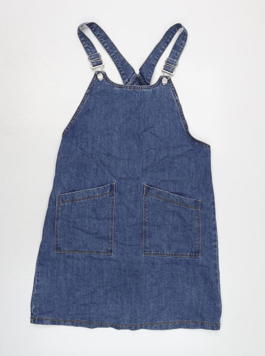 TU Womens Blue Cotton Pinafore/Dungaree Dress Size 10 Square Neck Pullover - Adjustable Straps