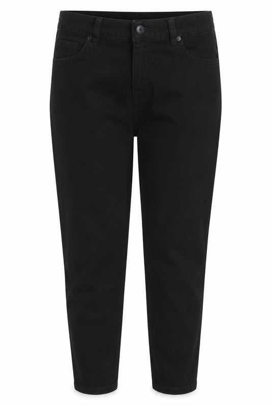 Front view of Denim & Co. women’s black cotton blend tapered jeans, size UK 12, 26-inch leg regular zip - raw hem