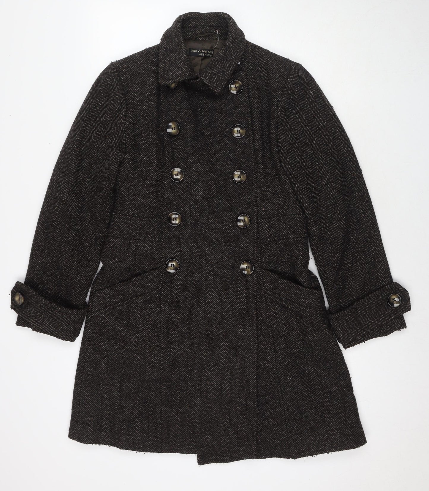 Autograph Womens Black Geometric Pea Coat Coat Size 10 Button