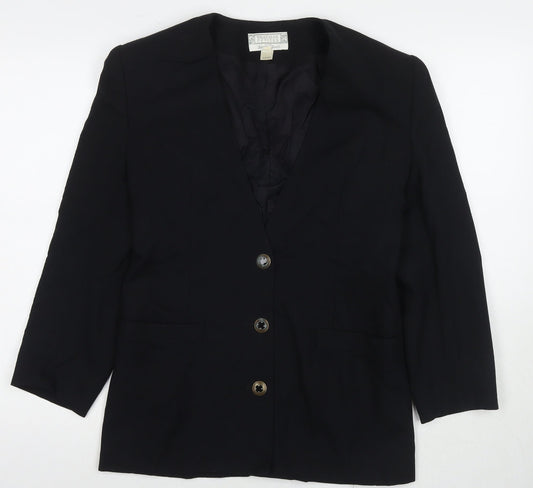 Front view of Braemar women’s black jacket blazer, size UK 8, button