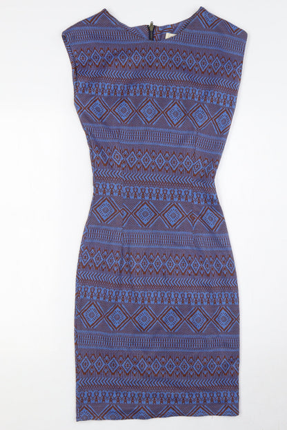 Louche Womens Blue Polyester Pencil Dress Size 8 Round Neck Zip