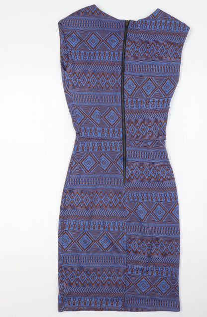 Louche Womens Blue Polyester Pencil Dress Size 8 Round Neck Zip