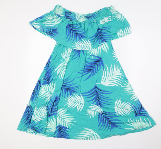Marks and Spencer Womens Green Viscose A-Line Size 12 Off the Shoulder - Leaf Print