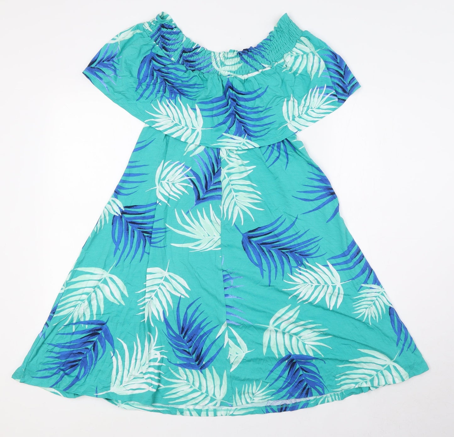 Marks and Spencer Womens Green Viscose A-Line Size 12 Off the Shoulder - Leaf Print