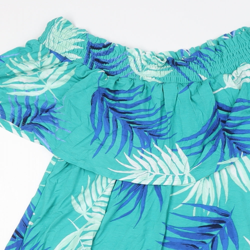 Marks and Spencer Womens Green Viscose A-Line Size 12 Off the Shoulder - Leaf Print