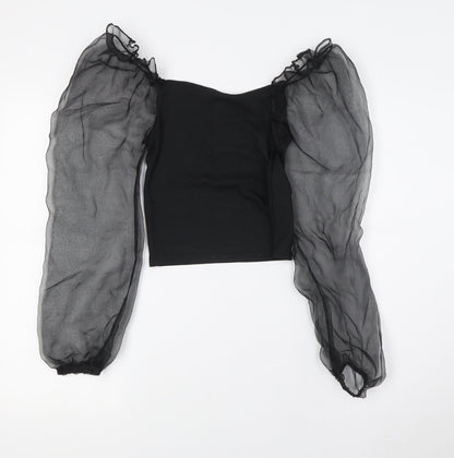 Cameo Rose Womens Black Polyester Basic Blouse Size 10 Square Neck - Sheer Sleeves