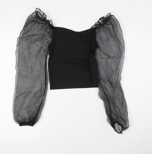 Cameo Rose Womens Black Polyester Basic Blouse Size 10 Square Neck - Sheer Sleeves