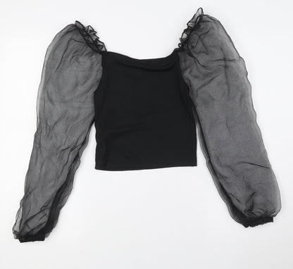 Cameo Rose Womens Black Polyester Basic Blouse Size 10 Square Neck - Sheer Sleeves