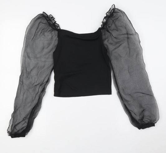 Cameo Rose Womens Black Polyester Basic Blouse Size 10 Square Neck - Sheer Sleeves