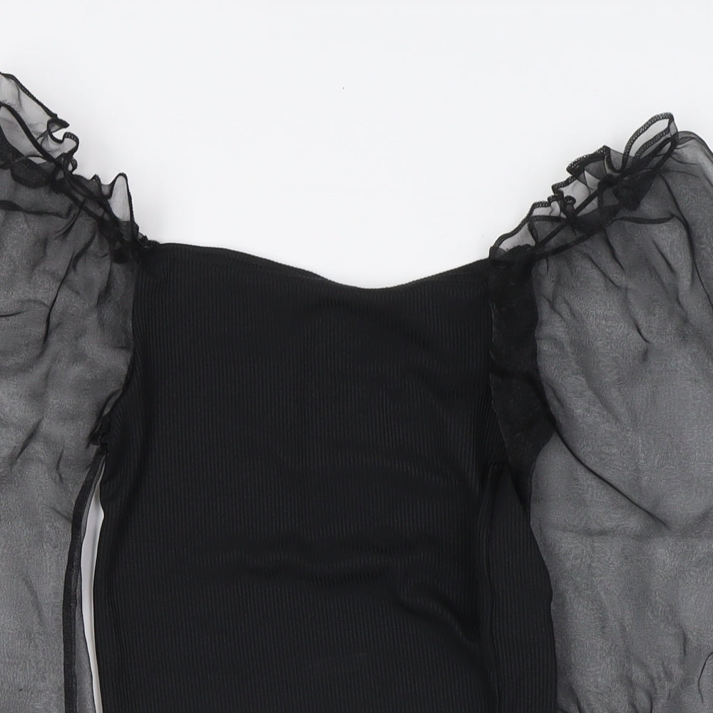 Cameo Rose Womens Black Polyester Basic Blouse Size 10 Square Neck - Sheer Sleeves