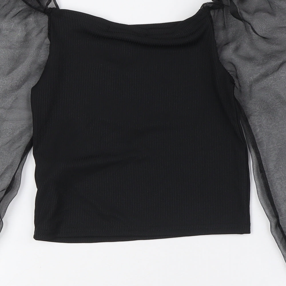 Cameo Rose Womens Black Polyester Basic Blouse Size 10 Square Neck - Sheer Sleeves