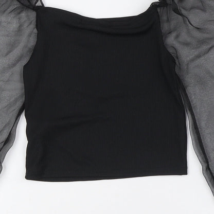 Cameo Rose Womens Black Polyester Basic Blouse Size 10 Square Neck - Sheer Sleeves