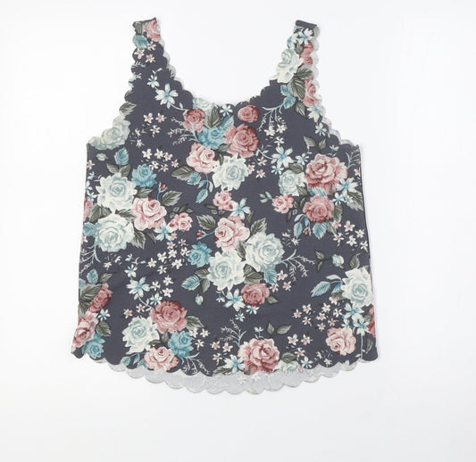 Divided by H&M Womens Multicoloured Floral Polyester Basic Tank Size S Roll Neck - Scalloped Sleeves And Hem