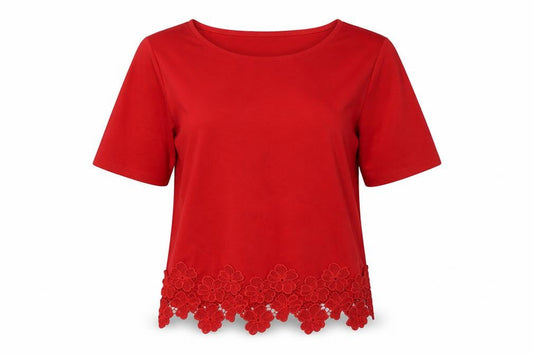 New Look Womens Red Polyester Basic T-Shirt Size 10 Boat Neck - Lace Hem Detail