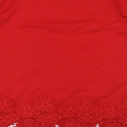 New Look Womens Red Polyester Basic T-Shirt Size 10 Boat Neck - Lace Hem Detail
