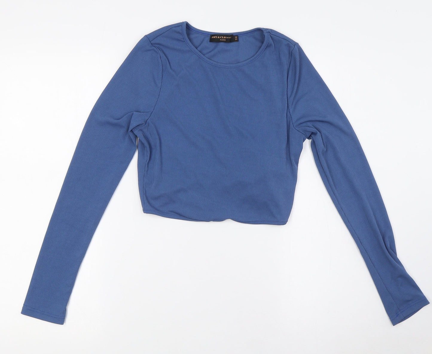 Amy & Clo in vogue Womens Blue Polyester Cropped T-Shirt Size S Round Neck - Ribbed. Size Small-Med