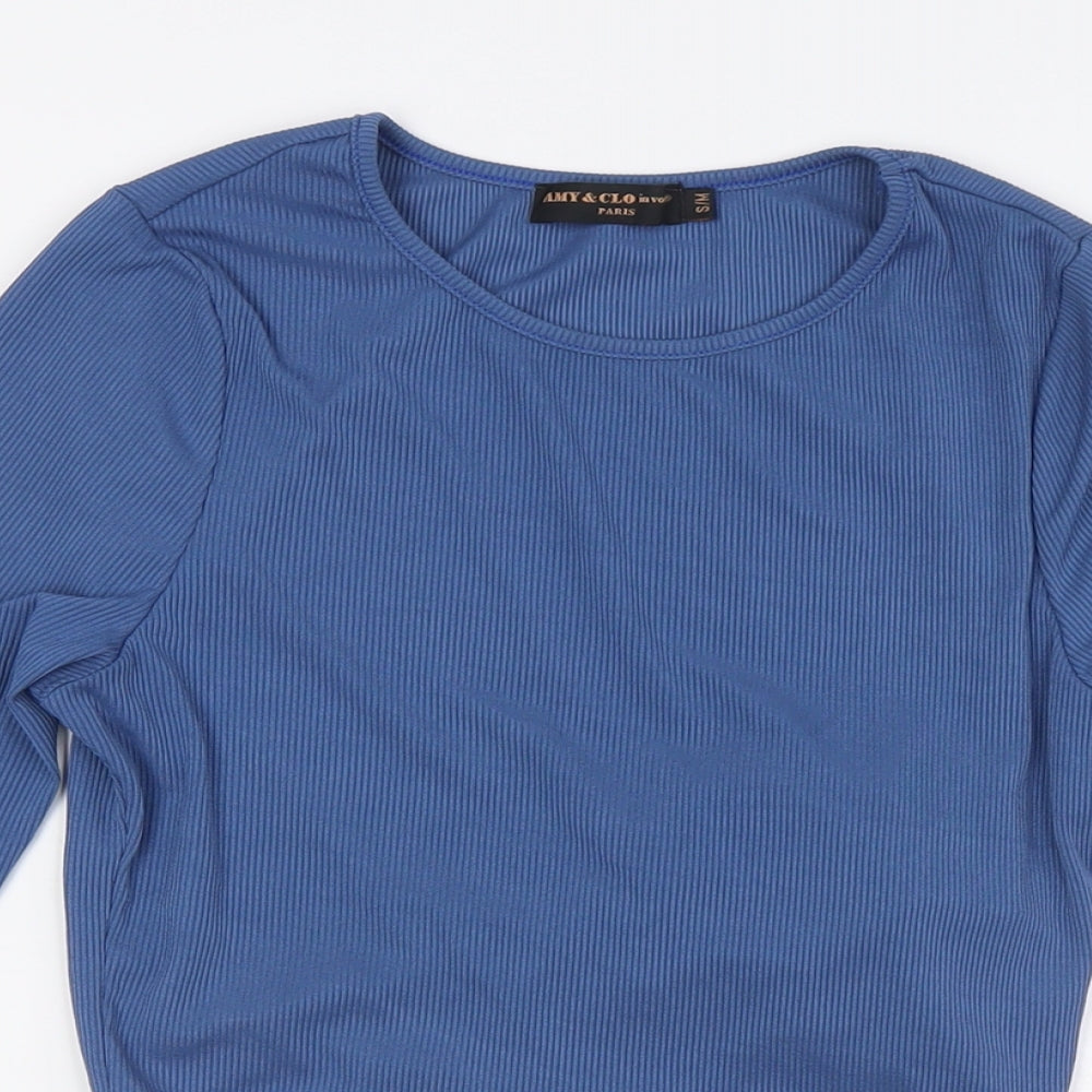 Amy & Clo in vogue Womens Blue Polyester Cropped T-Shirt Size S Round Neck - Ribbed. Size Small-Med