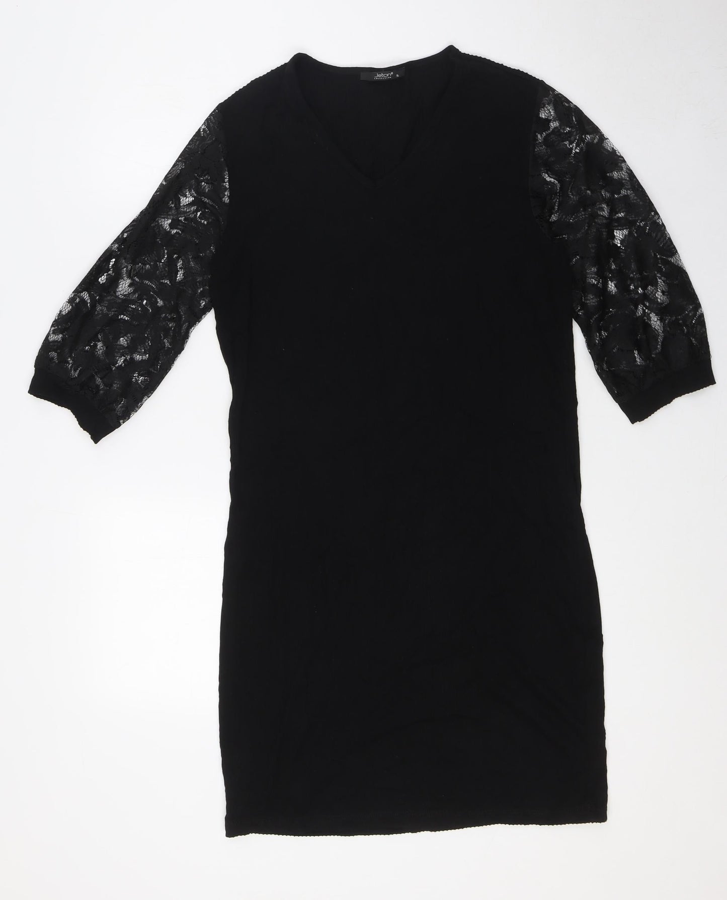 Jeton Womens Black Viscose A-Line Size XL V-Neck - Lace Sleeves