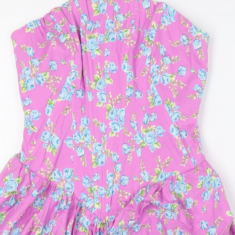 Zara Womens Purple Floral Elastane A-Line Size S Off the Shoulder Zip - Boned Body