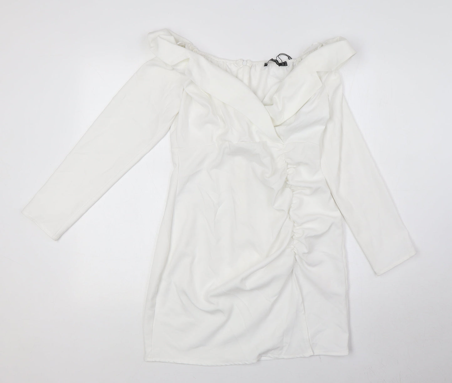 PRETTYLITTLETHING Womens White Polyester Pencil Dress Size 10 Off the Shoulder Zip