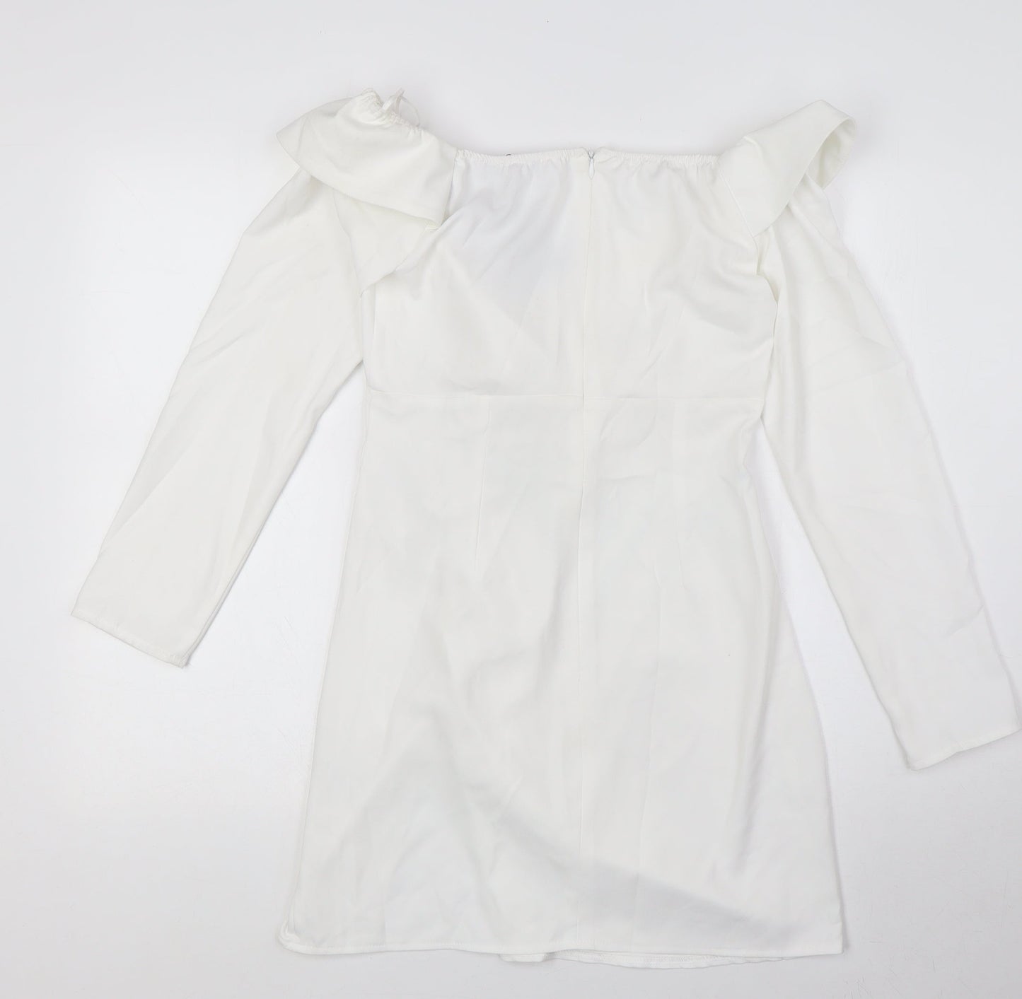 PRETTYLITTLETHING Womens White Polyester Pencil Dress Size 10 Off the Shoulder Zip