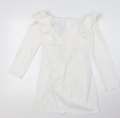 PRETTYLITTLETHING Womens White Polyester Pencil Dress Size 10 Off the Shoulder Zip