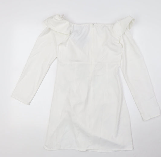 PRETTYLITTLETHING Womens White Polyester Pencil Dress Size 10 Off the Shoulder Zip