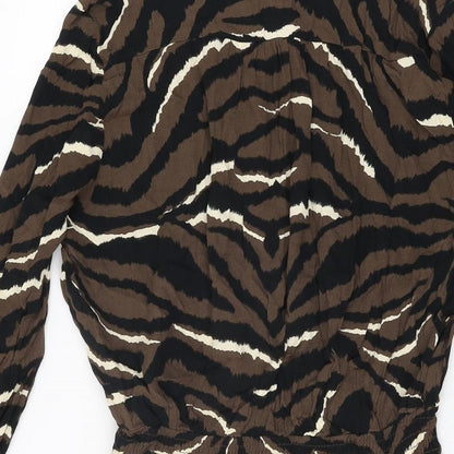 Zara Womens Brown Geometric Viscose Mini Size M V-Neck Button