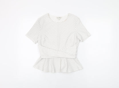 Miss Selfridge Womens White Striped Polyester Basic T-Shirt Size 8 Round Neck