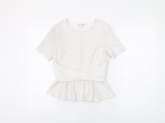 Miss Selfridge Womens White Striped Polyester Basic T-Shirt Size 8 Round Neck