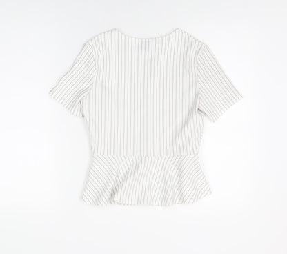 Miss Selfridge Womens White Striped Polyester Basic T-Shirt Size 8 Round Neck