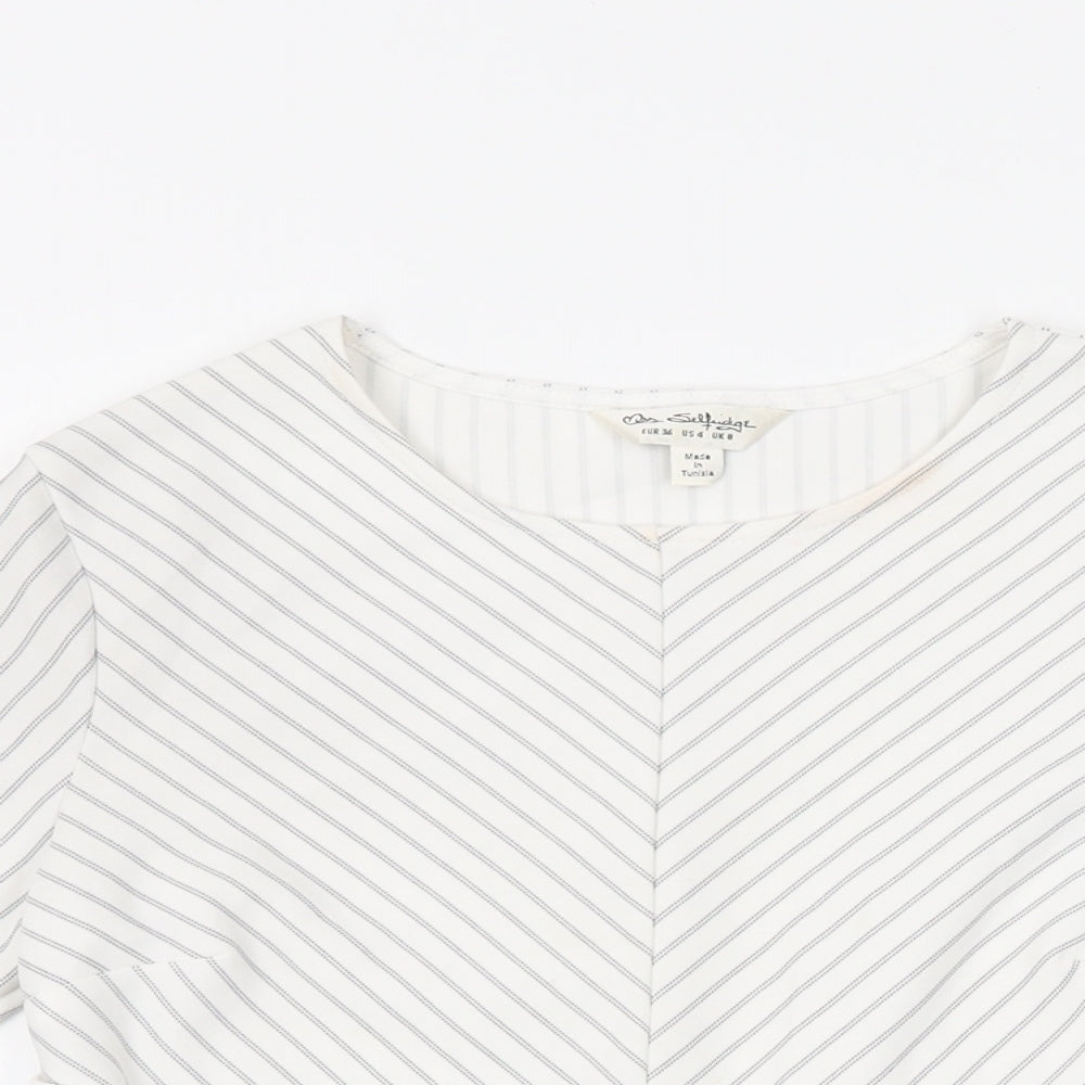 Miss Selfridge Womens White Striped Polyester Basic T-Shirt Size 8 Round Neck