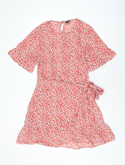 VERO MODA Womens Red Floral Polyester Wrap Dress Size 18 Round Neck Tie