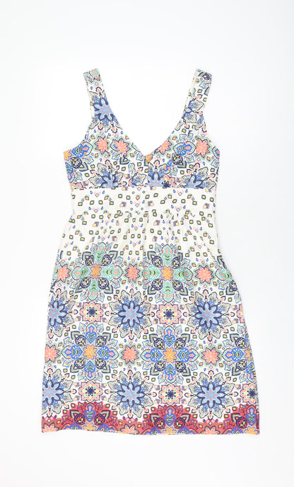 Kachel Womens White Floral Silk Shift Size 8 V-Neck Zip