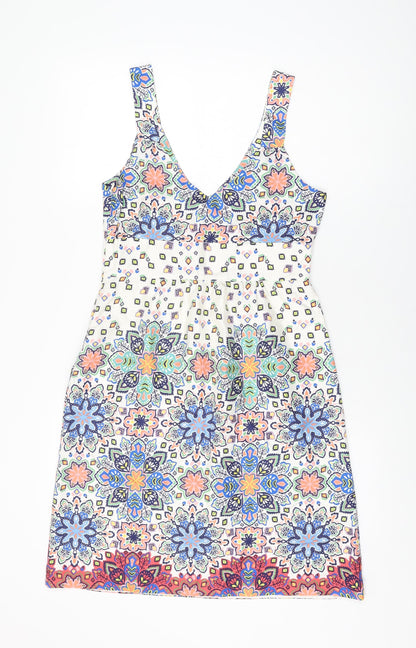 Kachel Womens White Floral Silk Shift Size 8 V-Neck Zip