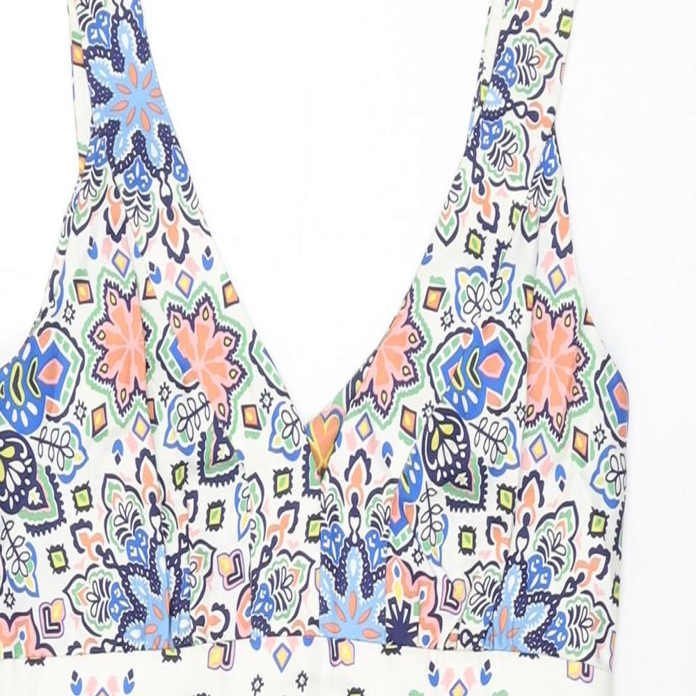 Kachel Womens White Floral Silk Shift Size 8 V-Neck Zip