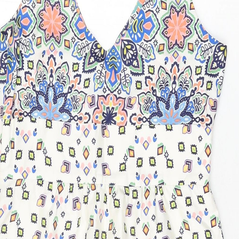 Kachel Womens White Floral Silk Shift Size 8 V-Neck Zip