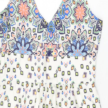 Kachel Womens White Floral Silk Shift Size 8 V-Neck Zip
