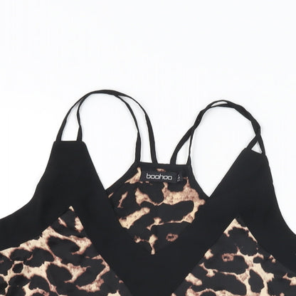 Boohoo Womens Black Animal Print Polyester Camisole T-Shirt Size 8 V-Neck