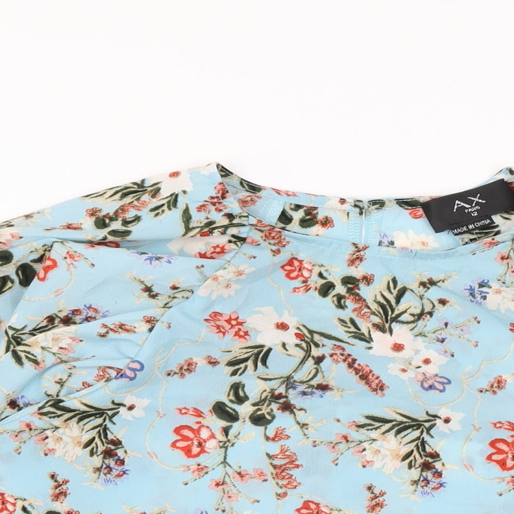 AX Paris Womens Blue Floral Polyester Basic Blouse Size 12 Round Neck